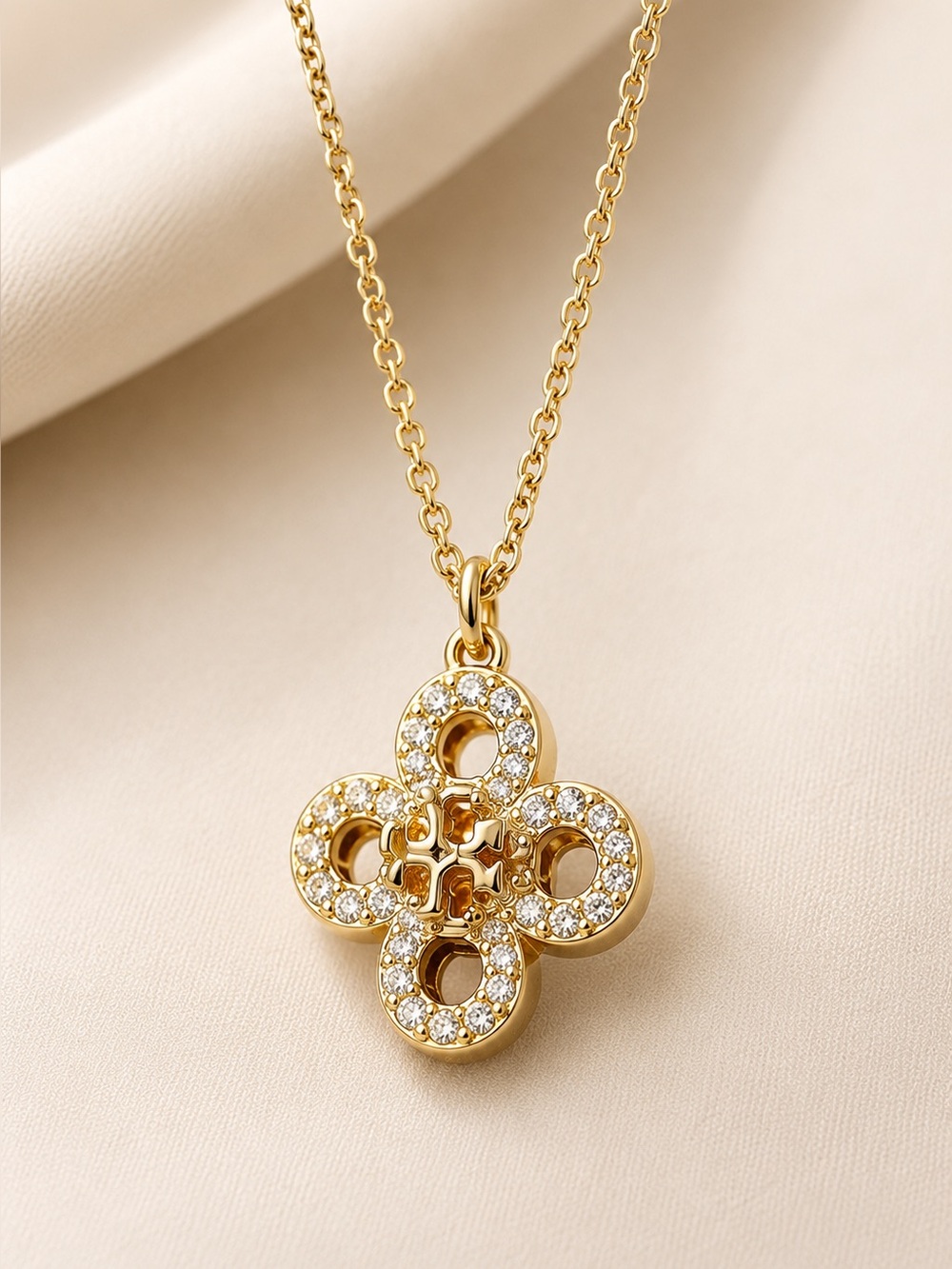 ✨ Tory Burch 18K GP GOLD Kira Clover Pave Logo Pendant Necklace